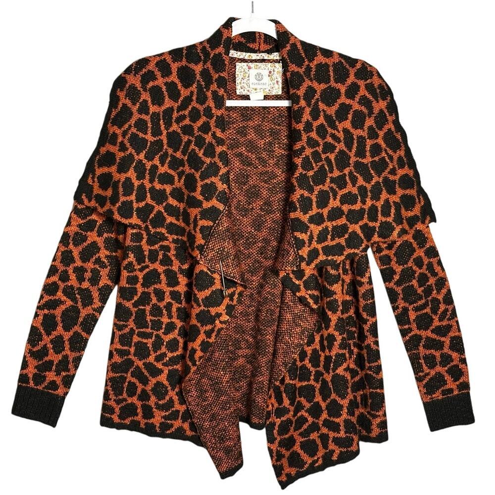 Element S Animal Print Open Front Cardigan Waterfall Flare Collar Black & Orange